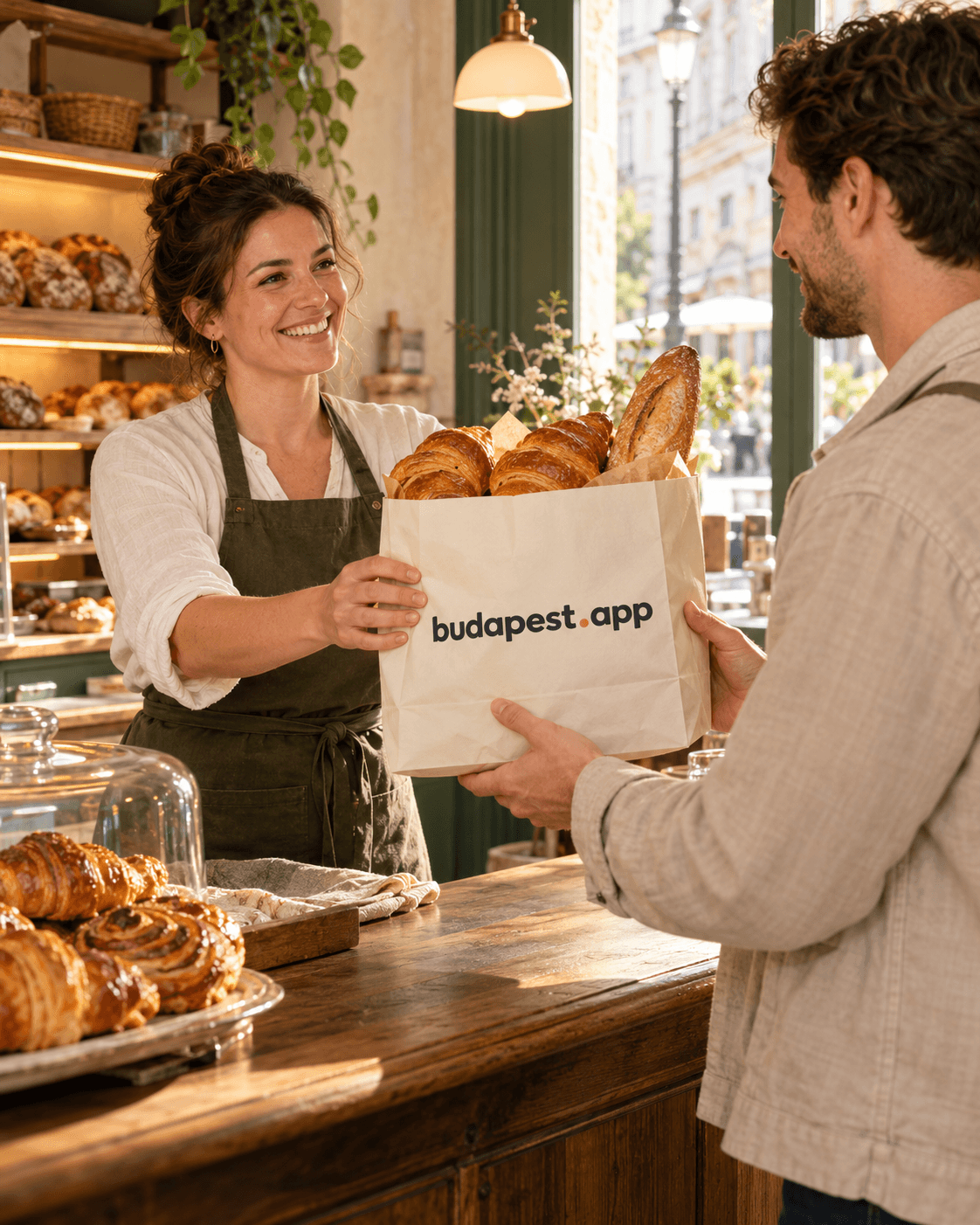 Eine Bäckerin überreicht einem Kunden frisches Gebäck in einer Papiertüte mit budapest.app-Aufschrift.