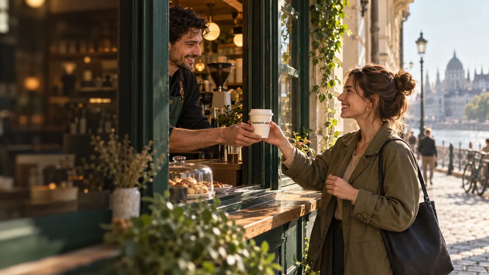 A barista hands a budapest.app coffee to a smiling guest.